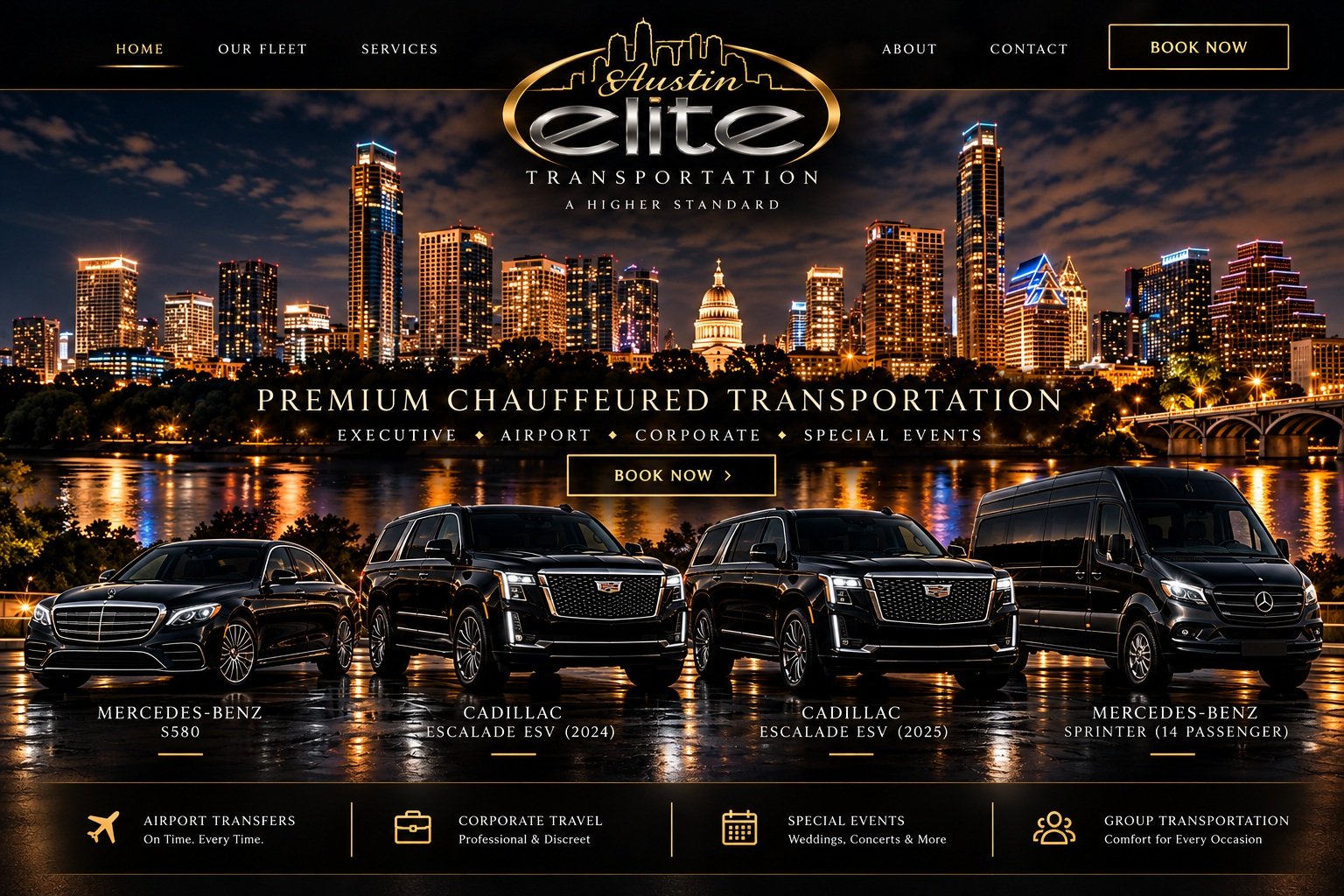 Austin Elite Transportation nighttime Austin skyline and luxury chauffeur services